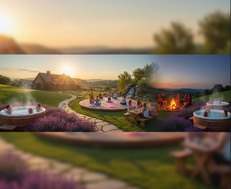 Hot tubs at sunset with campfire and people gathering