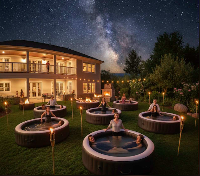 Soft Body Hot Tub Retreat - people relaxing in hot tubs under a starry night sky