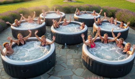 People enjoying soft body hot tubs together