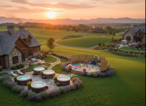 Hot tubs at sunset with mountain views